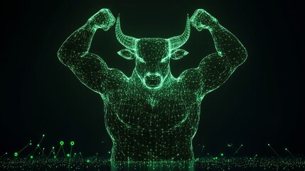 Muscular Bull Flexing Arms Symbolizing Bullish Divergence in Digital Art