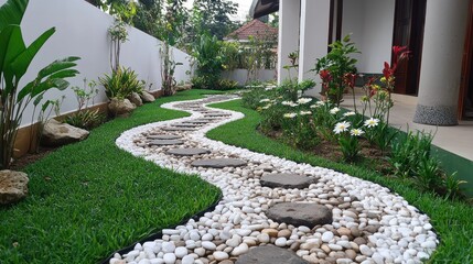 Obraz premium Winding stone pathway through lush green lawn and flower garden beside a house.