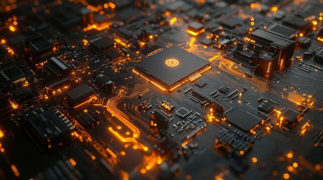 Futuristic AI chipset embedded on a glowing circuit board symbolizing artificial intelligence and advanced technology perfect for web banners and digital backgrounds.