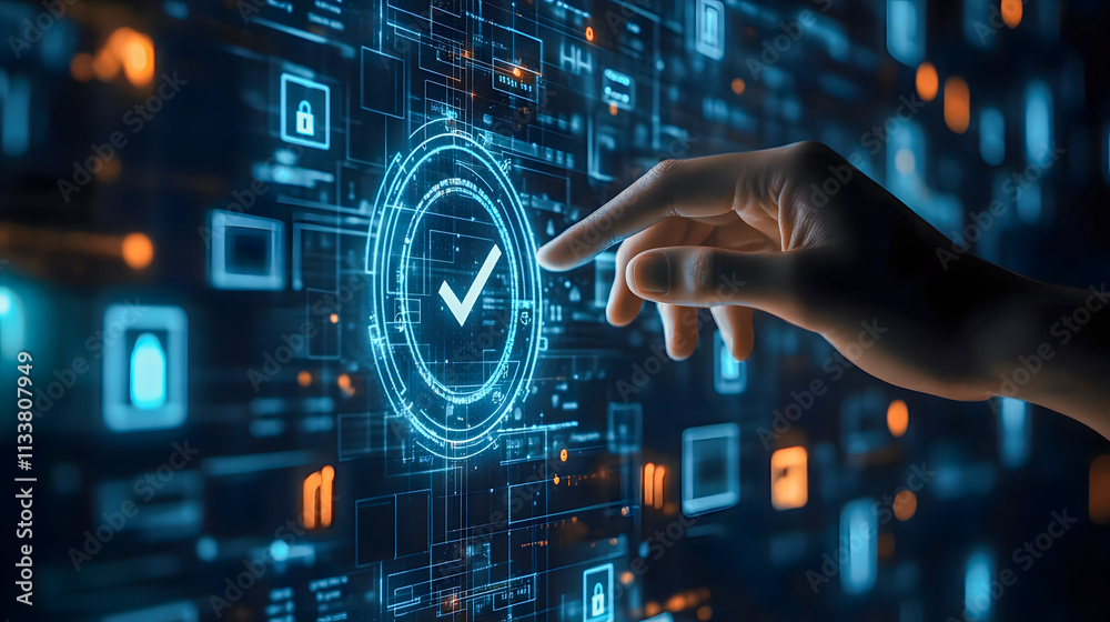 Poster futuristic hand interacting with digital interface displaying checkmark symbol and security elements