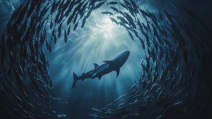 Fototapeta premium Shark swimming among a school of fish in a sunlit ocean