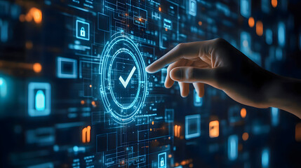 Futuristic Hand Interacting with Digital Interface Displaying Checkmark Symbol and Security Elements in Technology Concept