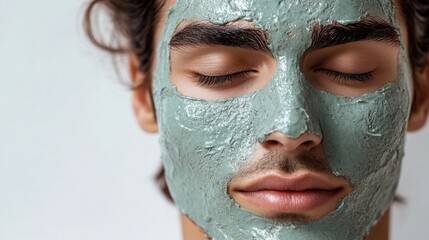A young man relaxes with a green facial mask, promoting skincare and self-care.