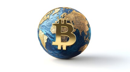 Bitcoin symbol earth globe on a white background showing it as a global world currency