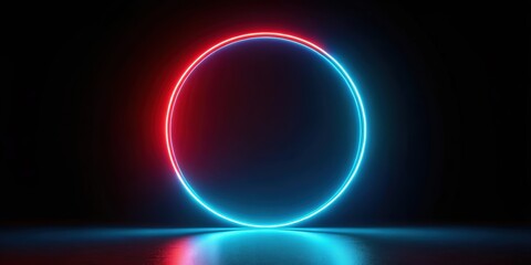 Obraz premium Neon light blue and red circle on black background for futuristic product presentation, neon, light, blue, red