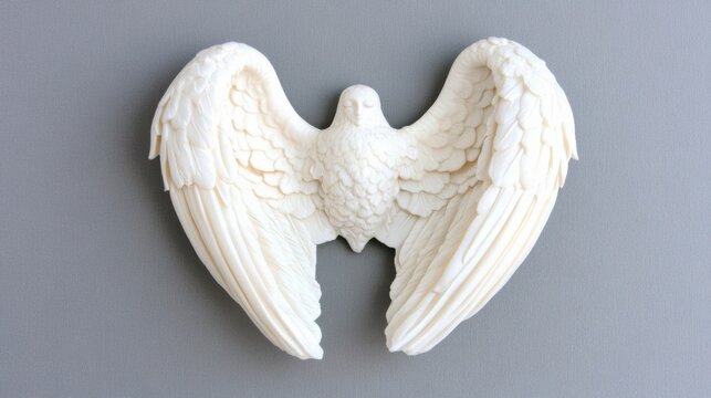 A beautifully detailed white angel wing sculpture mounted on a smooth gray wall, symbolizing peace, spirituality, and protection. - Powered by Adobe
