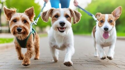 Professional dog walking business in urban setting showcasing happy dogs and owners enjoying their daily routine on a sunny street