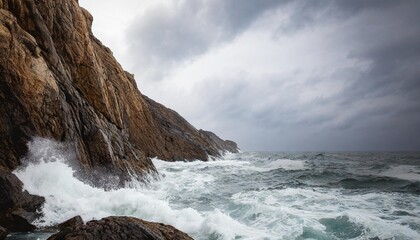 Obraz premium Dramatic Ocean Waves Crashing Against Rocky Cliffs Under Stormy Gray Skies