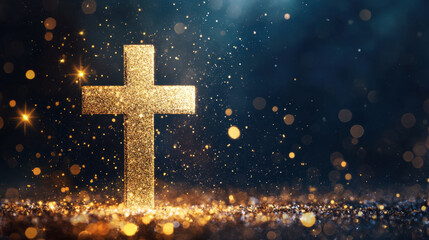 shimmering gold cross surrounded by sparkling light and bokeh effects creates serene and uplifting atmosphere. This symbolizes faith and hope