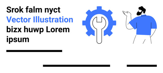 Man pointing at gear with wrench inside it. Ideal for tech tutorials, user guides, engineering blogs, repair services, technical manuals, infographics, and educational materials. Landing page