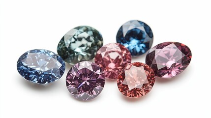 Six Colorful Gemstones Arranged On White Background