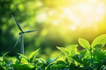 Fototapeta premium Tall Wind Turbine Standing Against Bright Sky in Lush Green Environment with Sunlight Filtering Through Leaves
