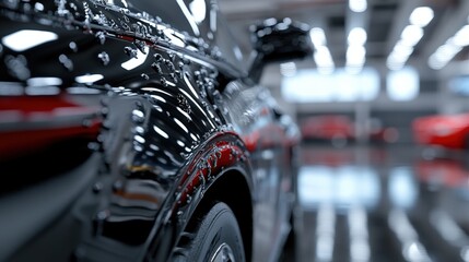 Fototapeta premium Premium Car Detailing in a Modern Showroom Stunning Vehicle Showcase with Glossy Finish and Professional Lighting Techniques