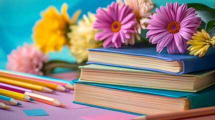 a pile of books on the table, and colored pencils, with purple flowers on top of the books. pastel colors, with a background of bokeh photography art.