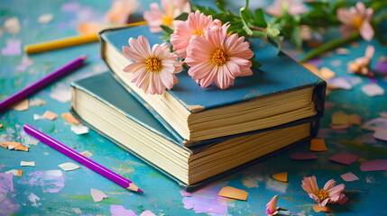 two blue books, and colored pencils, with pink flowers on top of the books, surrounded by pieces of pastel colored paper. with a bokeh photography style background.