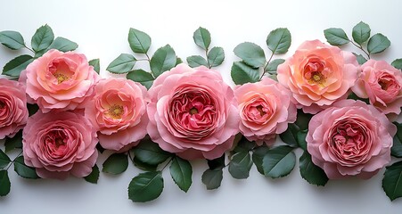 Obraz premium Row of Pink Flowers with Green Leaves.