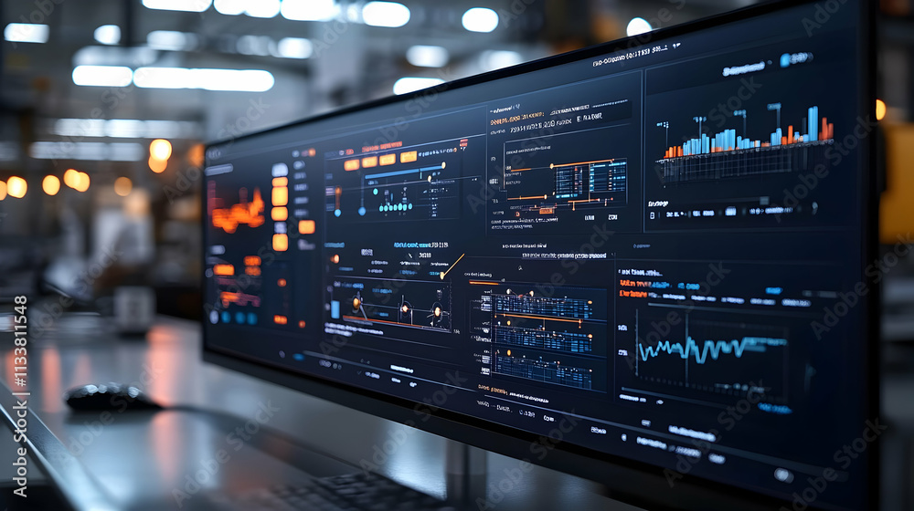 Poster a modern monitor displaying data analytics and visualizations in an industrial setting.