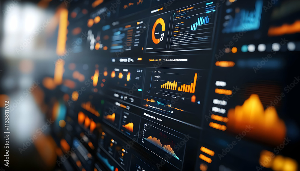 Poster a digital dashboard displaying data visualizations and analytics in vibrant colors.