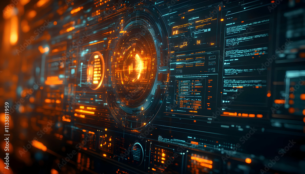 Poster abstract digital interface with glowing elements and data displays.
