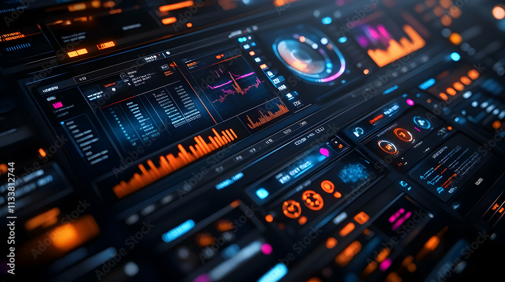 Poster a futuristic dashboard displaying data analytics and visualizations in vibrant colors.
