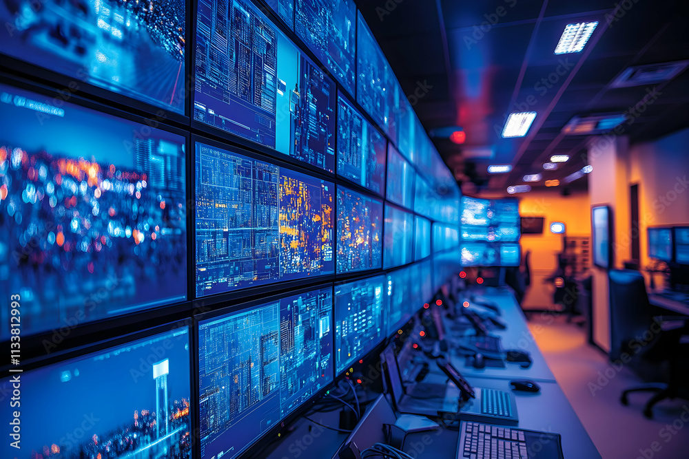 Poster a high-tech control room with multiple screens displaying data and analytics.