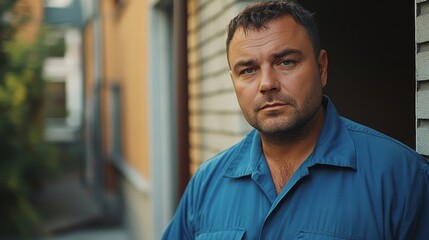 Obraz premium A plump, tired man in a blue work shirt stands in front of the apartment threshold, looking weary and cautious, reflecting the life of a hardworking, humble individual in a gloomy, quiet atmosphere.