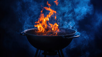 black barbecue grill with vibrant flames and smoke, creating dramatic cooking scene. Perfect for outdoor gatherings and culinary adventures