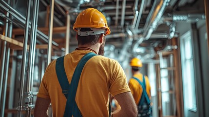 Construction Worker Wearing Yellow Hard Hat In Building