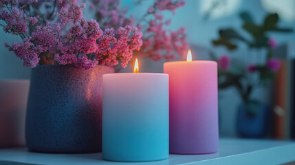 Soft pastel candles glow warmly beside vase of pink flowers, creating romantic ambiance. serene atmosphere invites relaxation and tranquility