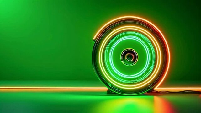 A neon wheel features green and orange lighting, a modern design has a background of green