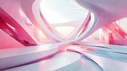 A futuristic architectural concept combining layered gradients with innovative abstract structures in a 3D environment. 