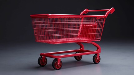 A vibrant red shopping cart sits on a dark surface