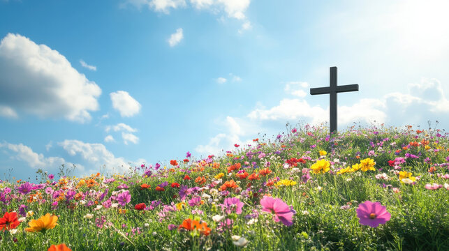 Christian cross stands on hill adorned with vibrant flowers under bright blue sky, symbolizing hope and faith in nature beauty