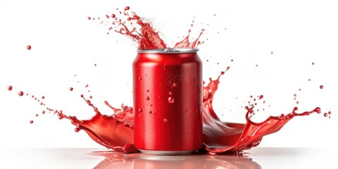 Obraz premium Red soda can splashing with vibrant red liquid against white background, soda, can, drink, splash, red