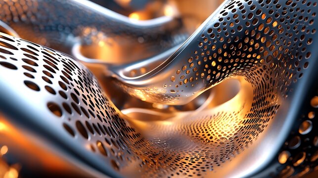 A modern 3D scene highlighting futuristic metallic structures with gradient illumination and intricate surface detailing. 