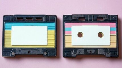 Obraz premium Pastel-themed cassette tape isolated on a neutral backdrop, blank label inviting personalization. Ideal for nostalgic or creative projects.