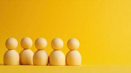 Wooden figures lined up against bright yellow background, symbolizing unity and leadership. Their simplicity evokes sense of harmony and togetherness
