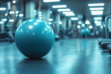 Teal exercise ball in a modern gym, fitness equipment blurred in background. Perfect for health, wellness, and active lifestyle concepts.