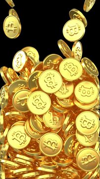 Falling bitcoin gold coins transition &ndash; 3d render with alpha channel.