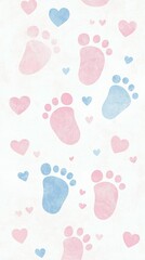Playful Baby Footprints and Hearts Pattern in Soft Pastel Colors Ideal for Baby Shower Invitations, Nursery Decor, and Children's Products