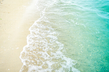 Peaceful blue green sea waves shore. Ocean coast view. photo beachfront. Seaside exotic tropical nature landscape .Focus on beach wave, Noisy, exposure, similar others