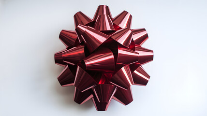 A shiny red gift bow with ribbons on a white background.