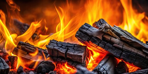 Fototapeta premium Black burning wood charcoal on a fire background , charcoal, burning, fire, wood, heat, flame, black, energy, cooking, BBQ