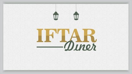 Ramadan Kareem banner animated video. Iftar invitation with hanging lantern decoration.