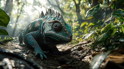 Obraz premium A lizard with a green and blue body is on a path in a forest