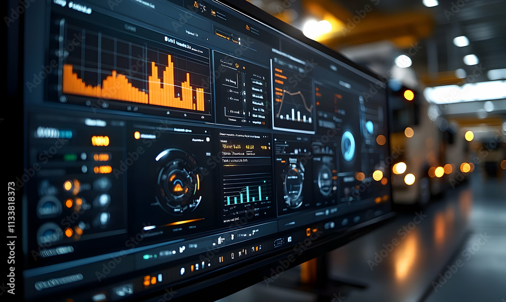 Poster a digital dashboard displaying data analytics and metrics in an industrial setting.