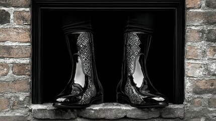 Trendy urban-inspired collage art of male legs in patterned boots emerging from a frame. Bold and modern design with ample negative space for customization.