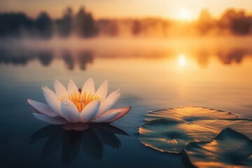 Serene Water Lily Blossoming at Sunrise with Misty Background and Gentle Reflections in Calm Water, Capturing the Tranquility of Nature's Beauty