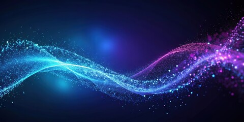Elegant blue and purple wave of particles levitating on a background with small flying particles, elegant, blue, purple