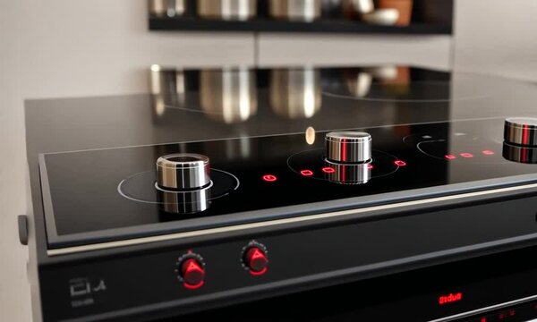 Close-up of a modern induction cooktop with sleek knobs and digital controls for cooking.